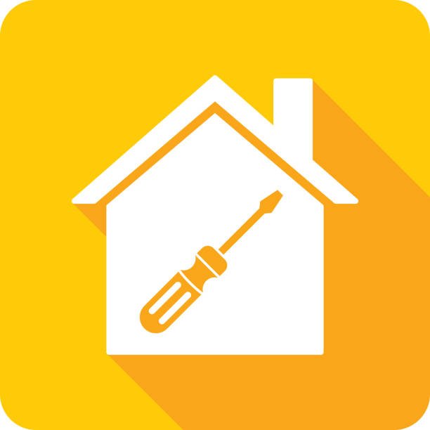 Flat style vector illustration of a house with a screwdriver icon on a yellow background, symbolizing home setup or remote work tools.