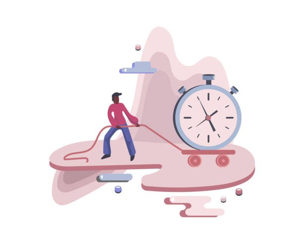 Cartoon faceless boy pulling a giant watch, symbolizing time management, planning, and hard work.