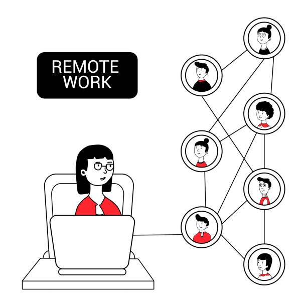 Remote work and freelancing setup at home with computer and infographic elements, representing working online during Covid-19.