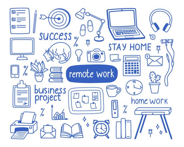 Doodle-style vector illustration showing work from home and freelancing elements during quarantine.