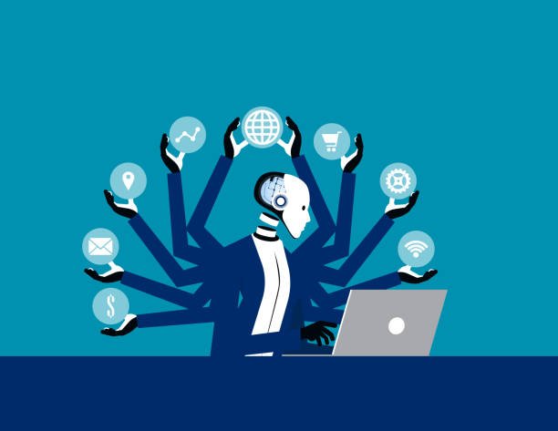 Robot with multiple arms performing various business tasks, symbolizing artificial intelligence multitasking and efficiency.
